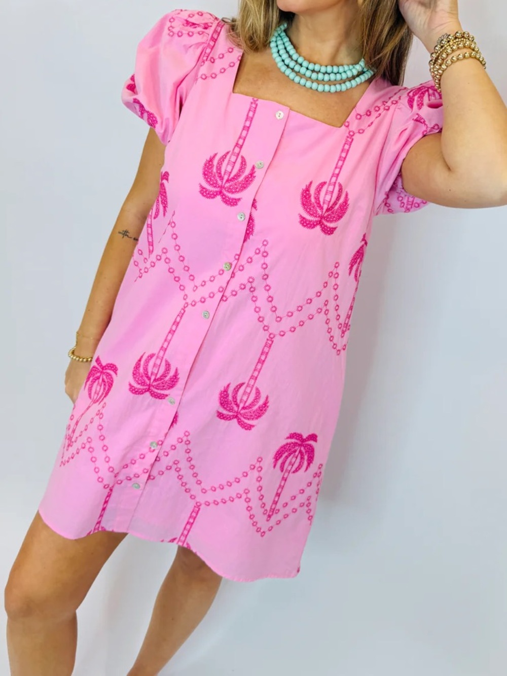 Pink Palms Dress Short Puff Sleeve Embroidered Square Neck Cotton Size S NWT